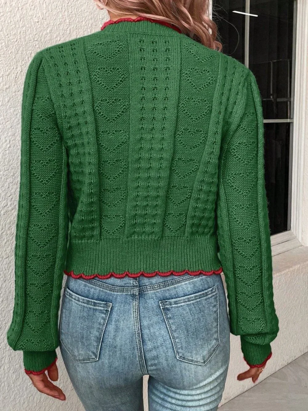 Green Casual Women's Contrast Trim Front Button Long Sleeve Cardigan